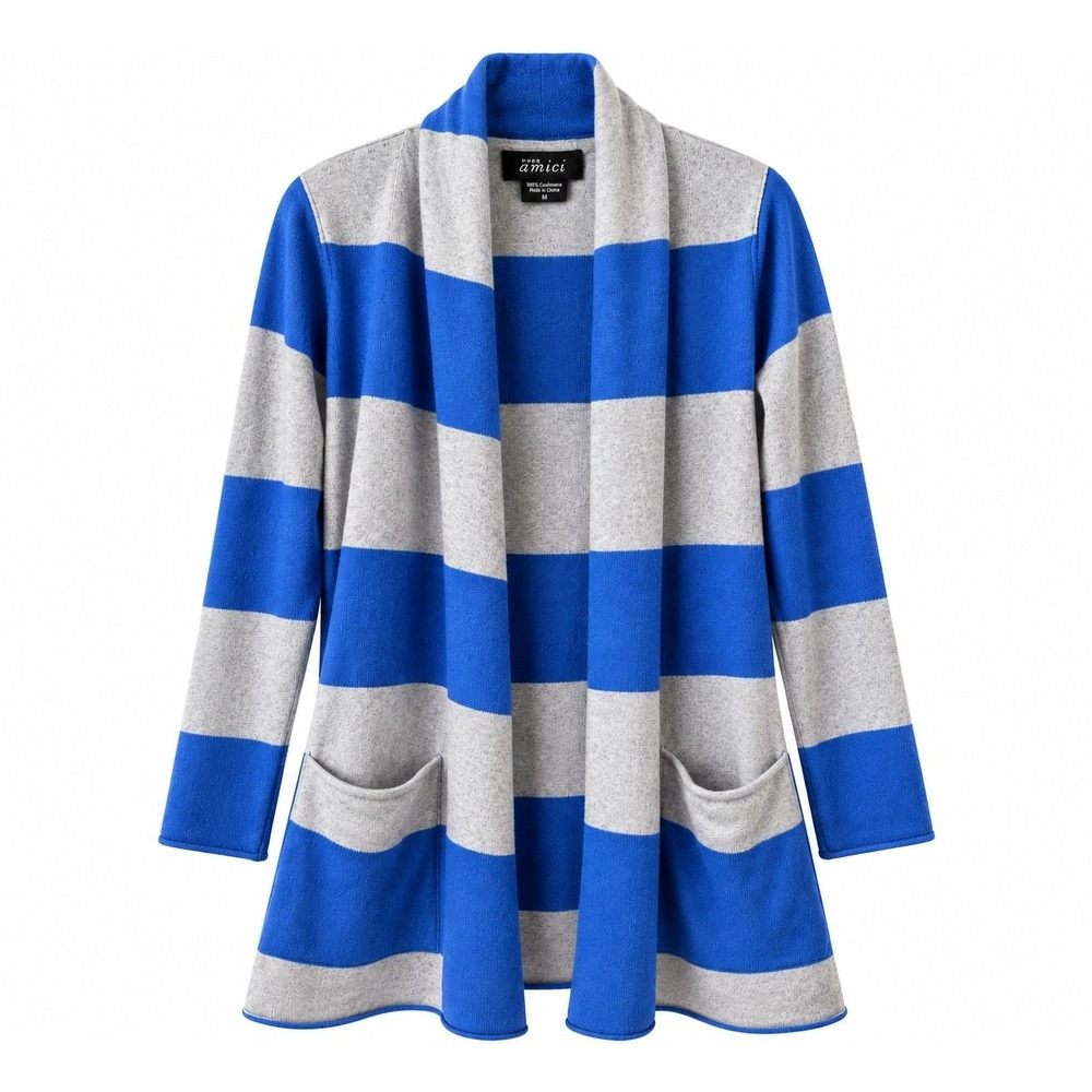 Pure Amici Womens M 100% Cashmere Cardigan Blue Gray Striped Long Open Front